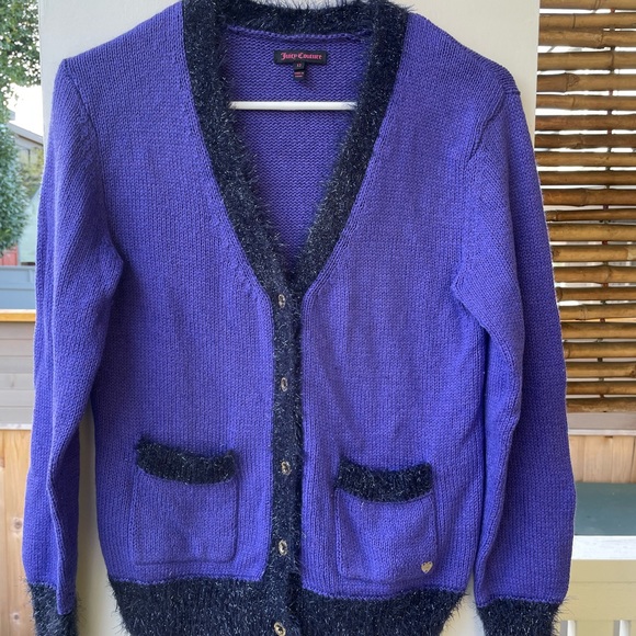 Authentic Juicy Couture Purple Cardigan Sweater- Blk Sparkle, Fluffy Trim Sz 12 - Picture 3 of 15